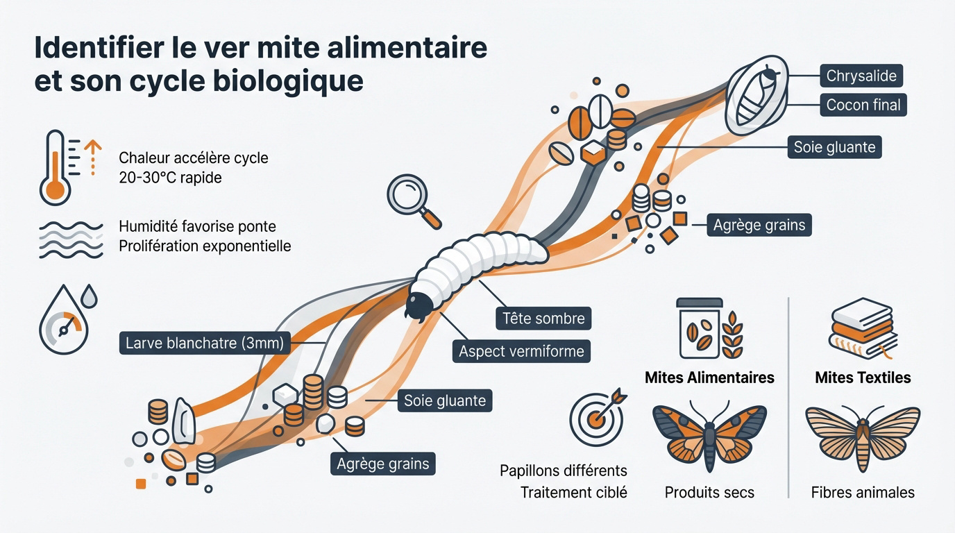 Cycle de vie des mites alimentaires et identification des larves dans les stocks