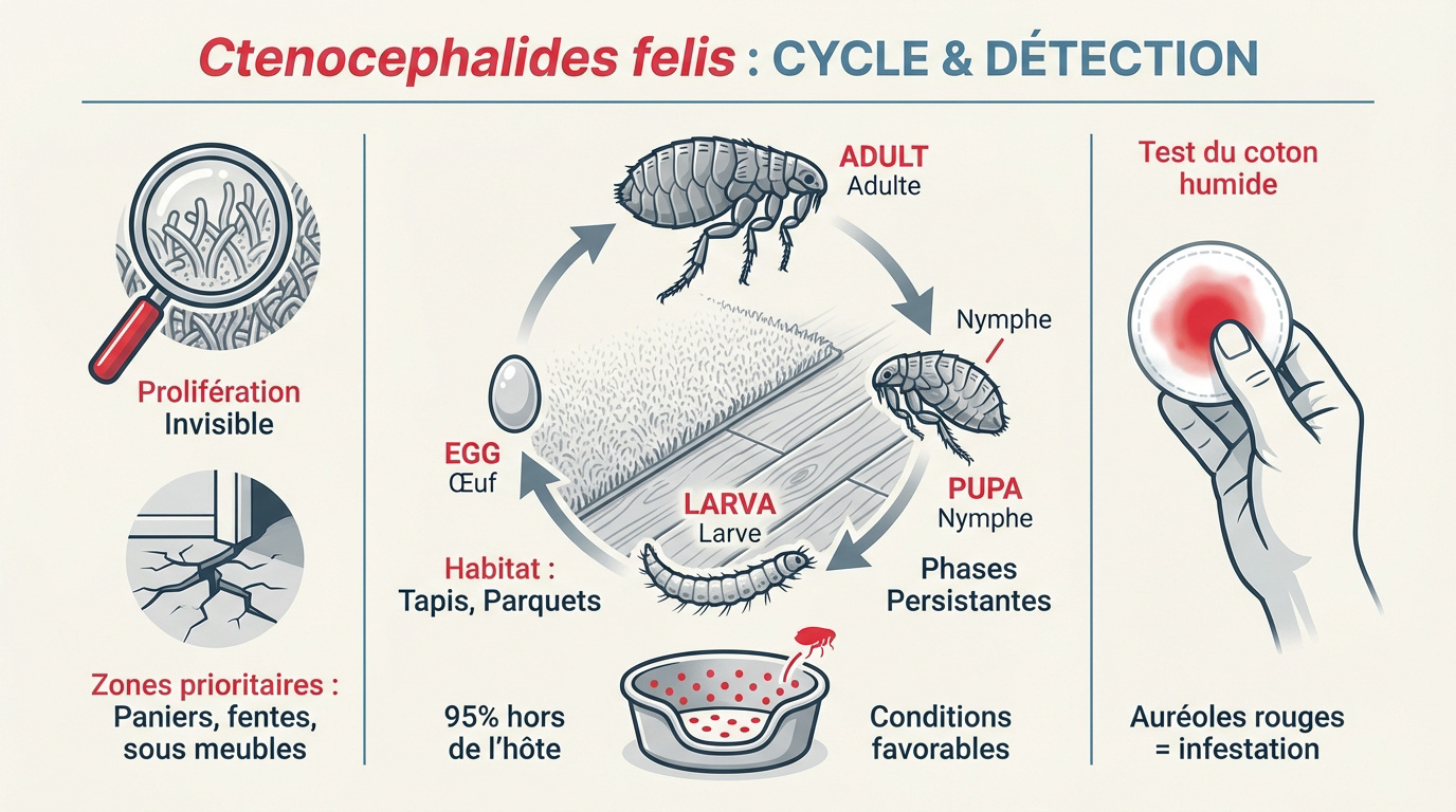 Cycle de vie et détection de la puce du chat Ctenocephalides felis dans l'habitat