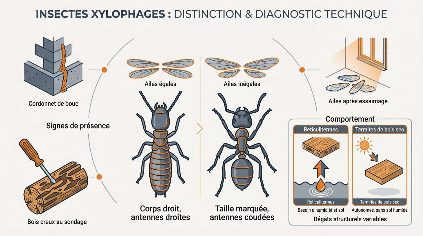 Comparaison morphologique entre termites et fourmis charpentières pour diagnostic technique