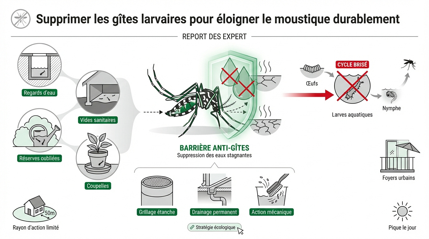 Technicien inspectant des zones d'eau stagnante pour éliminer les larves de moustiques