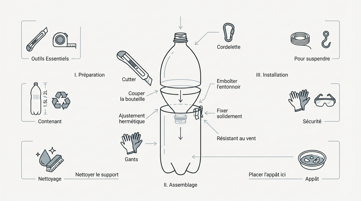 Schéma technique de découpe d'une bouteille plastique pour créer un piège à guêpes professionnel