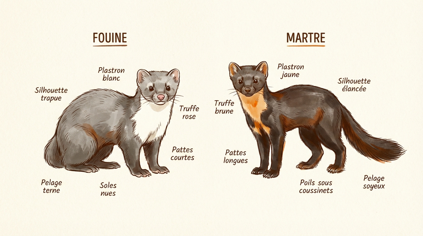 Comparaison visuelle entre une fouine au plastron blanc et une martre au plastron jaune orangé