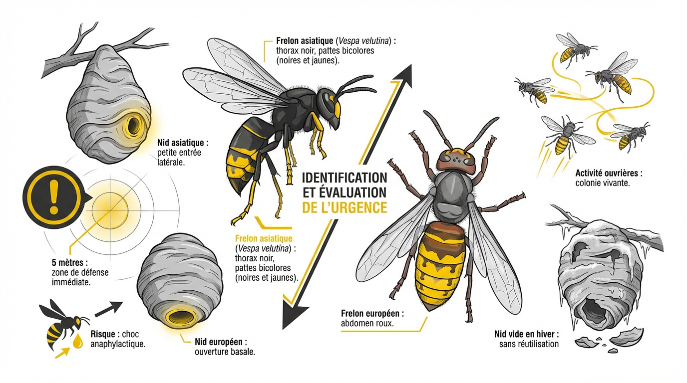 Comparaison visuelle entre un frelon européen et un frelon asiatique près de son nid