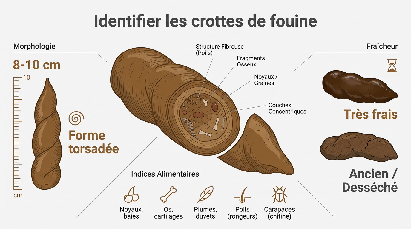 Excréments de fouine cylindriques et torsadés sur un sol de grenier
