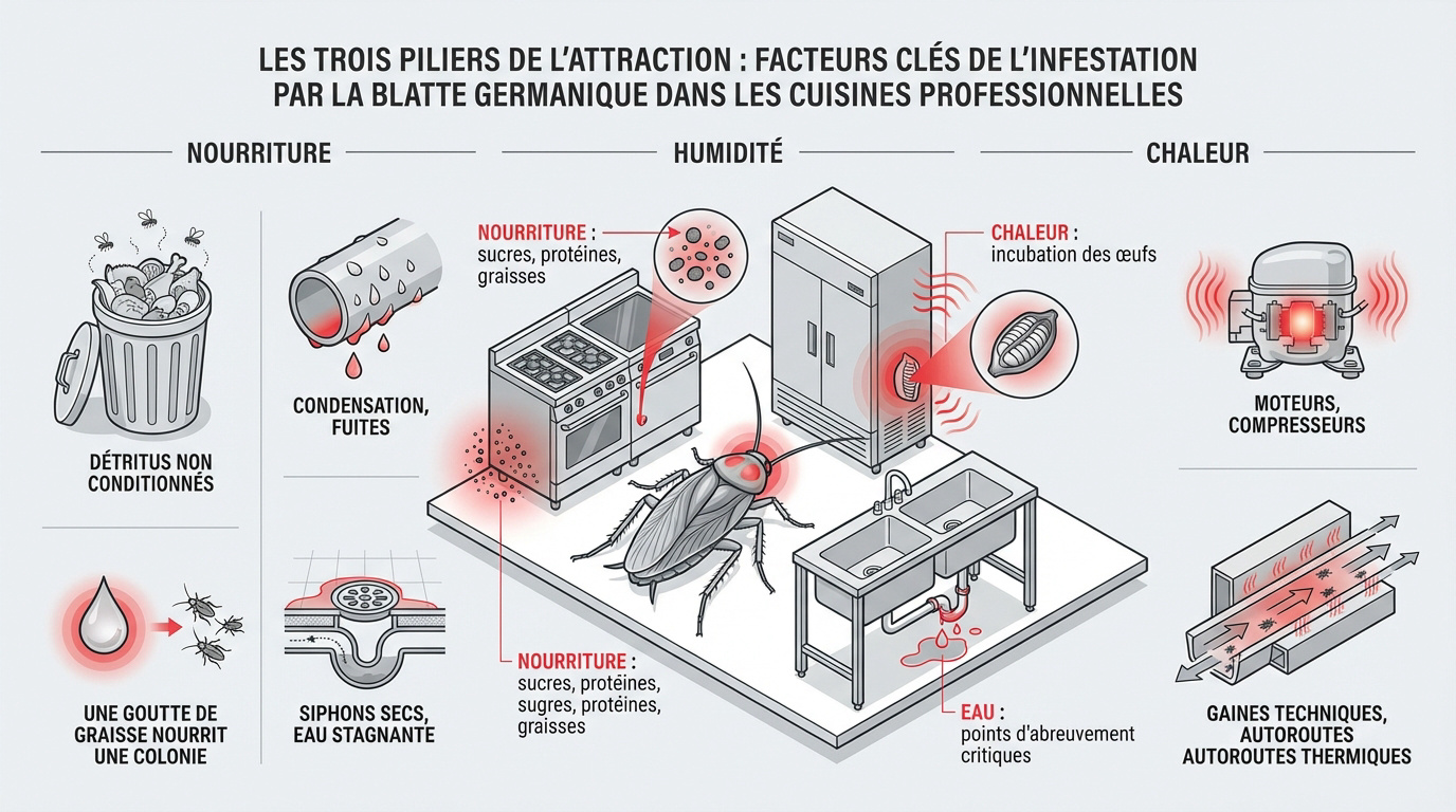 Infestation de blattes germaniques dans une cuisine professionnelle