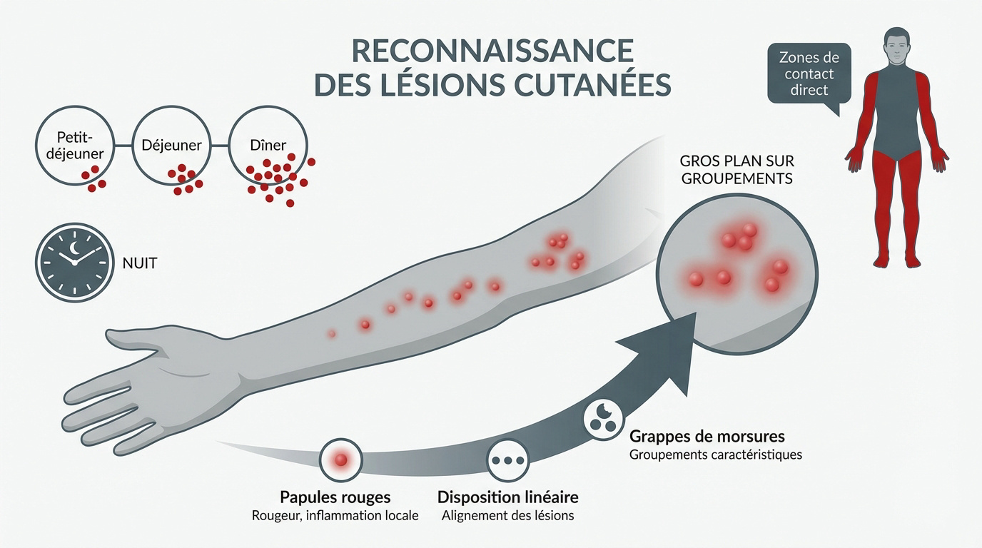 Examen visuel de piqûres de punaises de lit alignées sur la peau