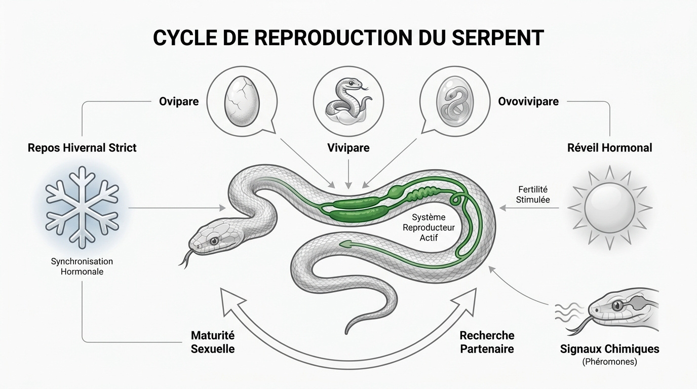 Schéma explicatif du cycle de reproduction saisonnier des serpents