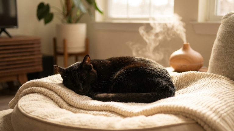 Un chat noir dort paisiblement sur un plaid clair près d'un diffuseur de brume dans un salon lumineux.