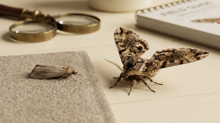 Comparaison sur une table entre une petite mite grise et un grand papillon de nuit aux ailes détaillées.