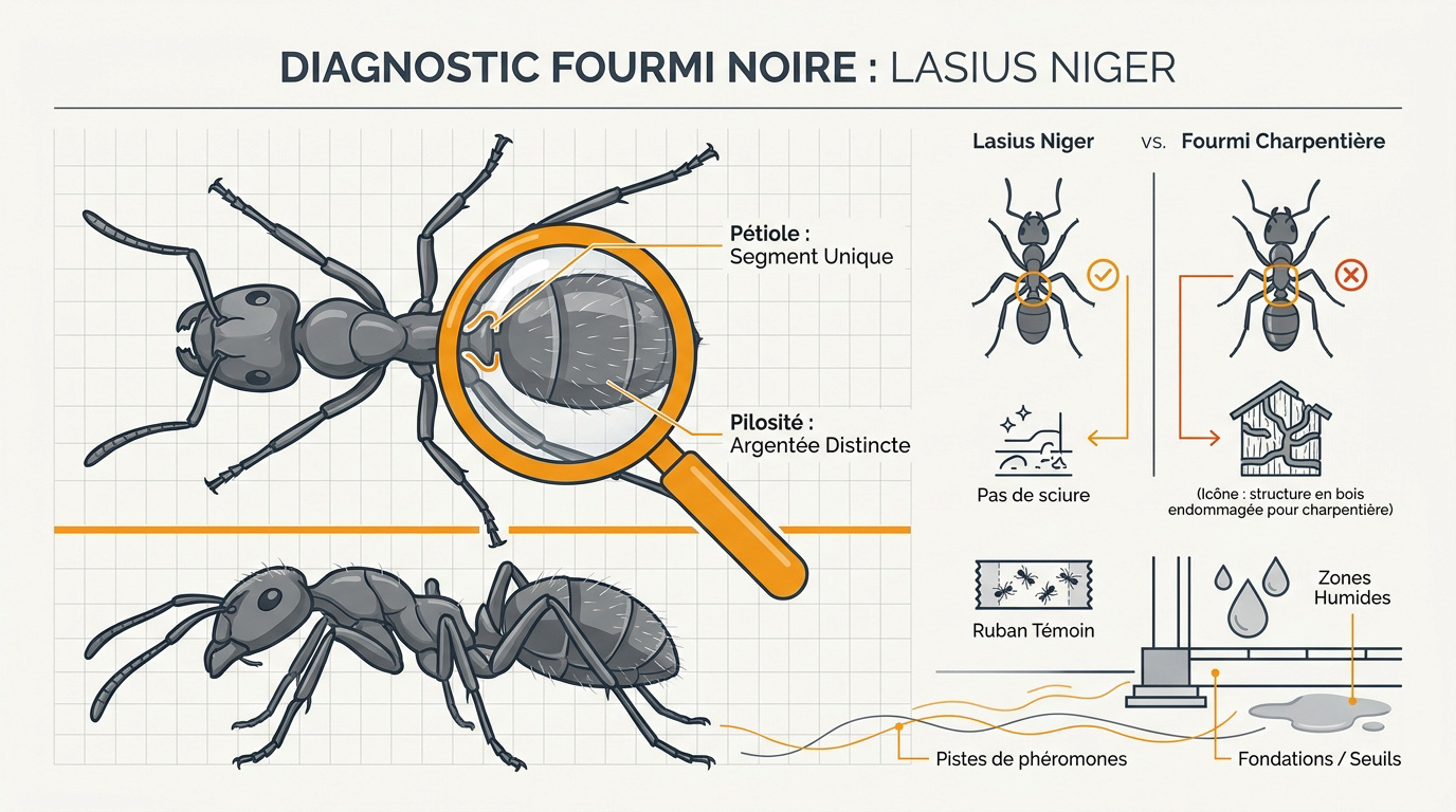 Technicien inspectant une piste de fourmis noires Lasius niger le long d'une plinthe