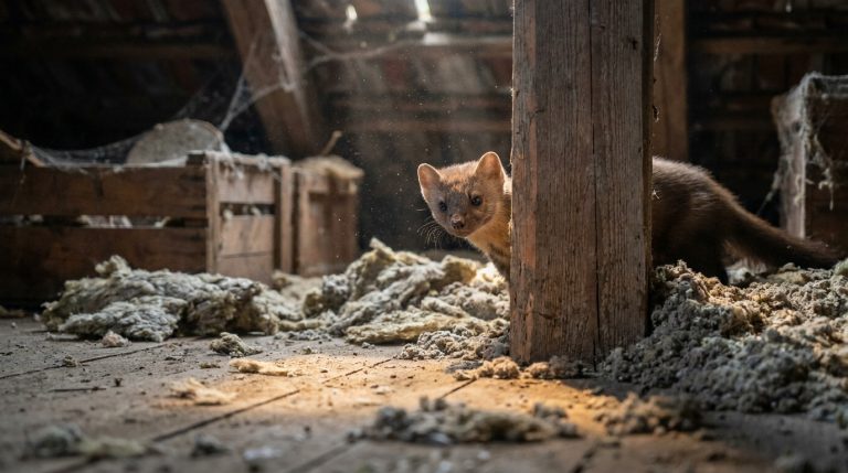 Une fouine curieuse émerge derrière une poutre dans un grenier encombré de vieux matériaux isolants et de caisses en bois.
