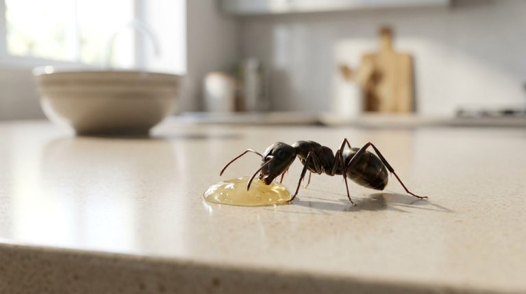 Une fourmi noire se nourrit d'une goutte de gel insecticide sur le comptoir d'une cuisine floue.