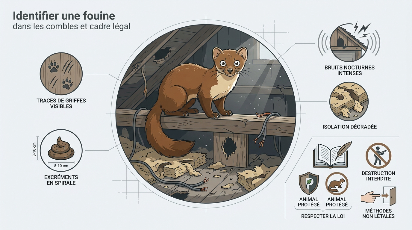 Identification d'une fouine dans les combles et traces de dégradations sur l'isolation