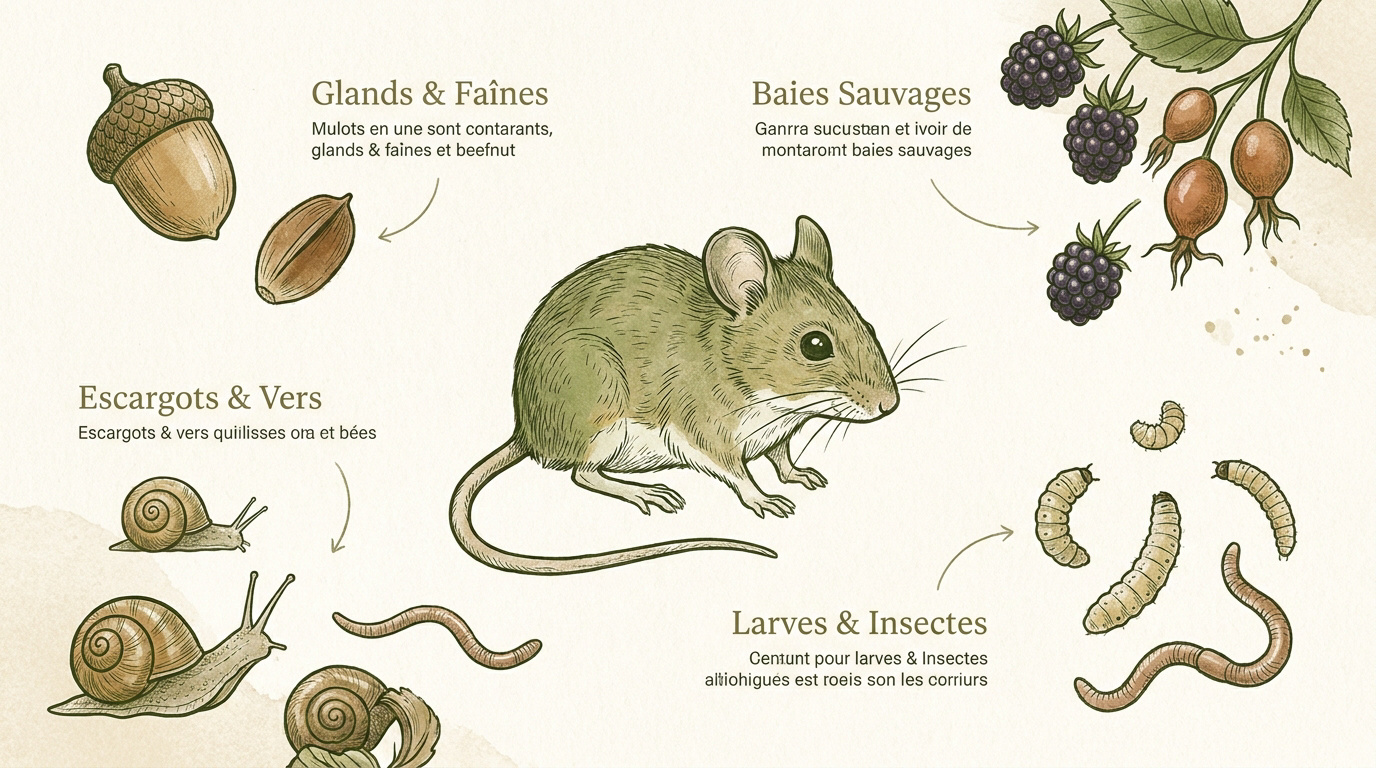Illustration naturaliste montrant un mulot sylvestre cherchant des graines et des baies dans la litière forestière