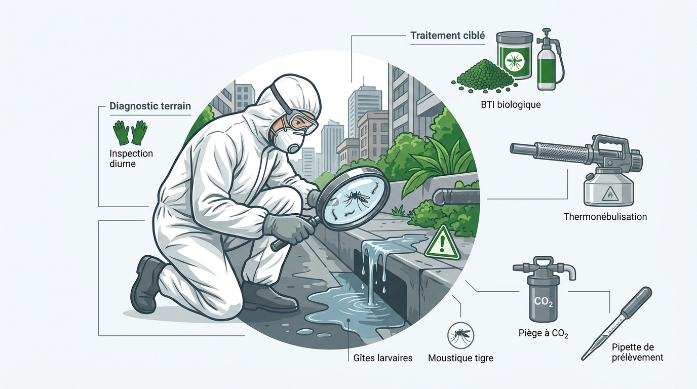 Technicien expert réalisant un diagnostic de gîtes larvaires de moustiques en zone urbaine