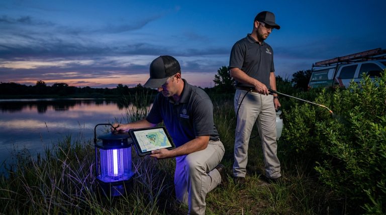 Deux techniciens utilisant une tablette et un pulvérisateur près d'un lac pour le contrôle professionnel des moustiques.