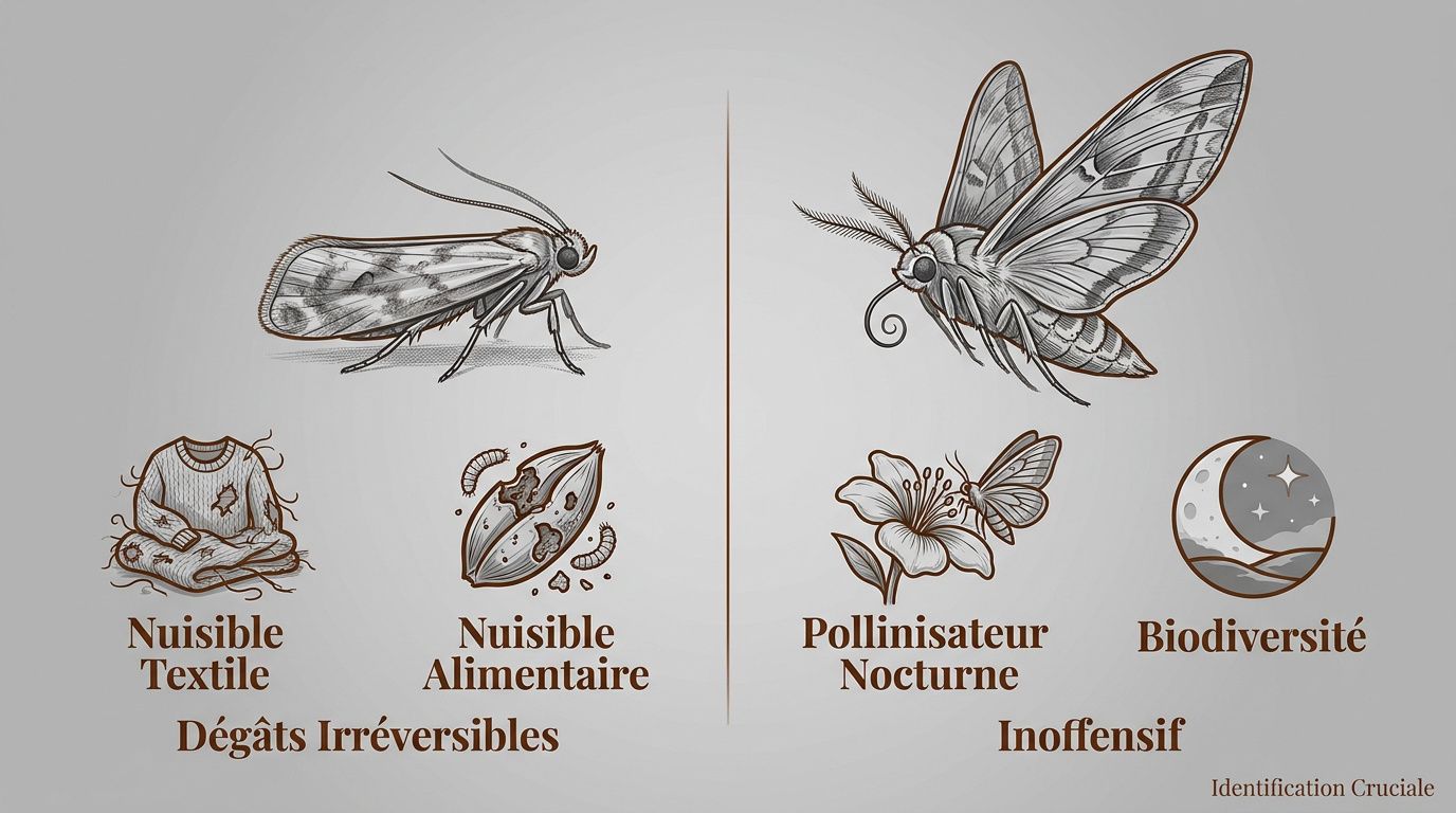 Comparaison visuelle entre une mite textile et un papillon de nuit sauvage