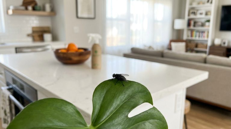 Une mouche noire posée sur la feuille verte d'une plante d'intérieur avec une cuisine floue en arrière-plan.