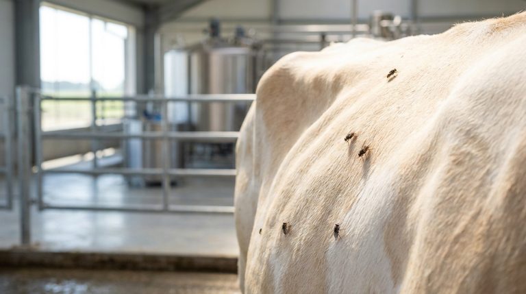 Plusieurs mouches charbonneuses posées sur le flanc d'une vache dans une étable laitière moderne.