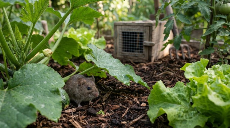 Un petit mulot près d'un piège en bois dans un potager avec des courgettes et des laitues.
