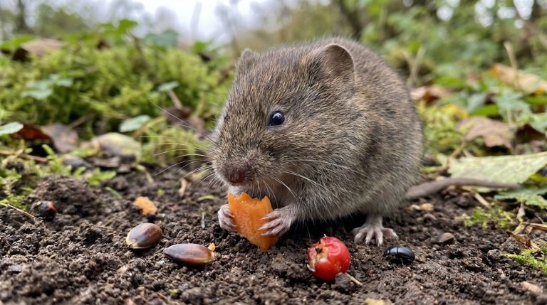 Un petit mulot aux poils gris-brun grignotant un morceau de carotte sur un sol de terre en forêt.