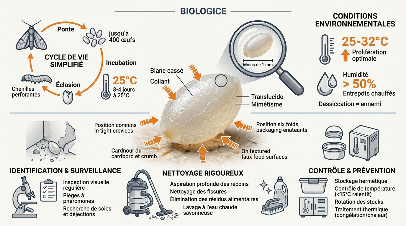 Observation de grappes d'œufs de mites alimentaires sur un emballage de stockage