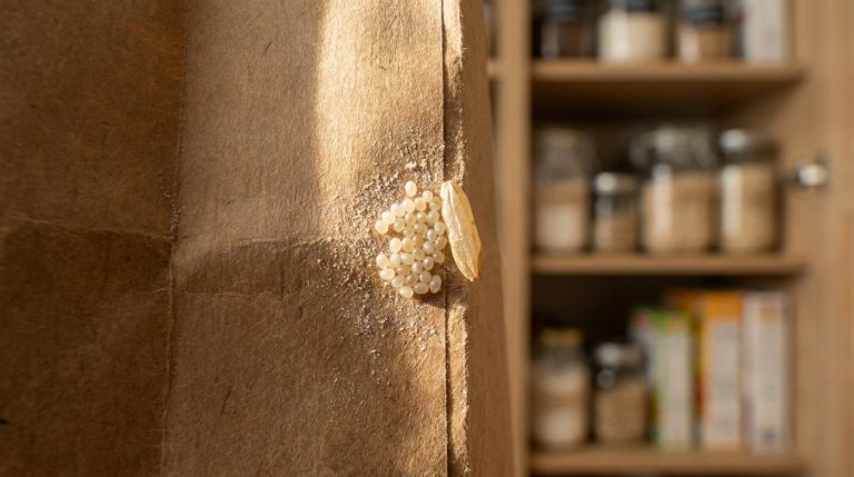 Gros plan sur des œufs de mites alimentaires translucides déposés sur un sac en papier kraft dans un garde-manger.