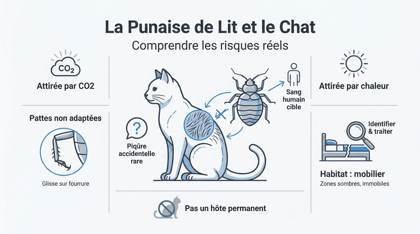 Chat domestique observant des zones potentiellement infestées par des punaises de lit dans une chambre