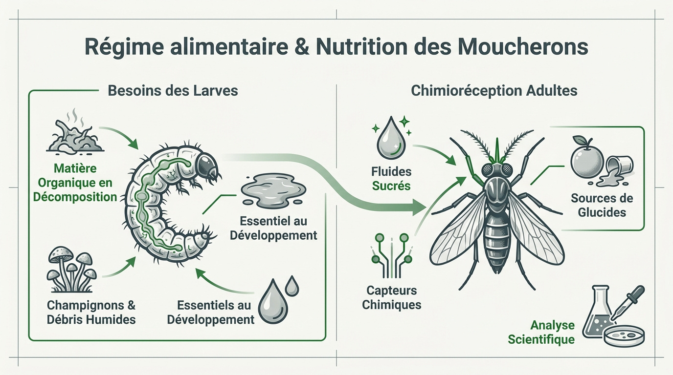 Moucherons adultes attirés par des fruits en décomposition dans une cuisine professionnelle