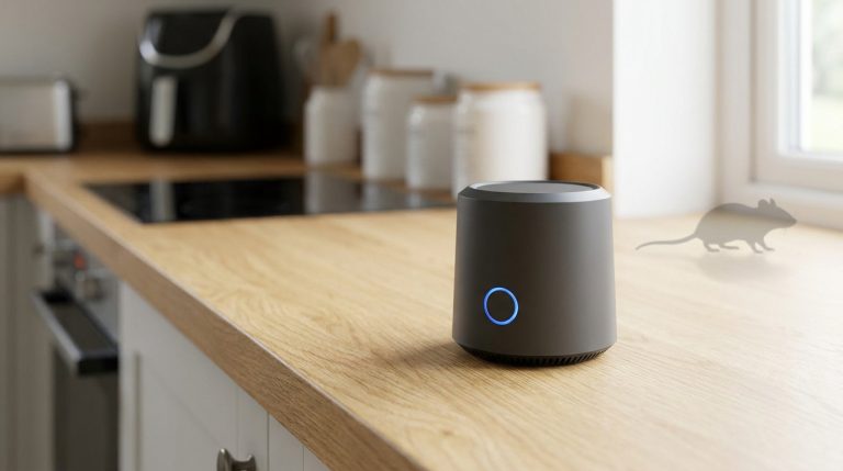 Dispositif anti-nuisibles gris avec voyant bleu sur un plan de travail de cuisine, une silhouette de souris en arrière.